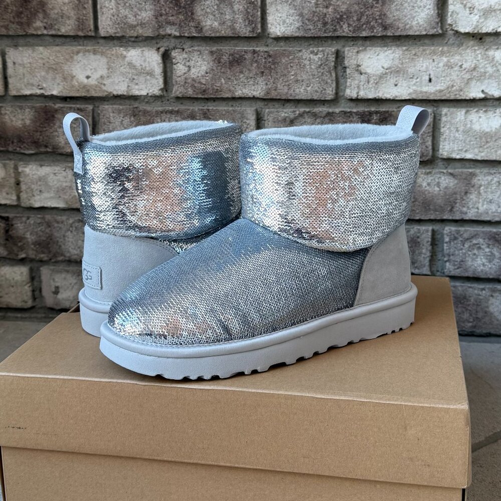 UGG CLASSIC MINI MIRROR BALL 7 Women's Sequin Ankle Boots Silver Sparkly New